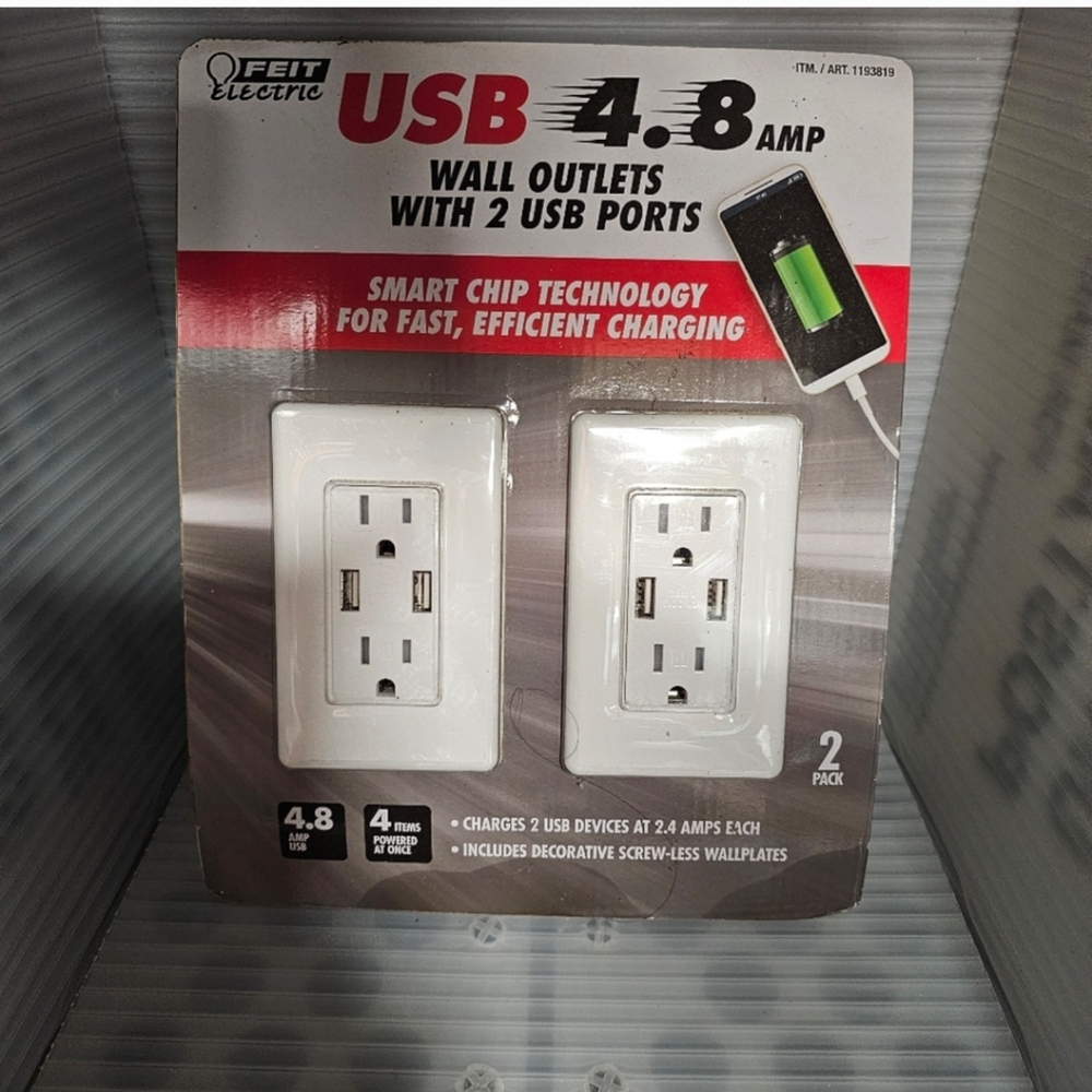 Feit Electric 2PK Wall Outlets With 2 USB Ports 4.8 Amps 2 Pack NEW IN BOX
